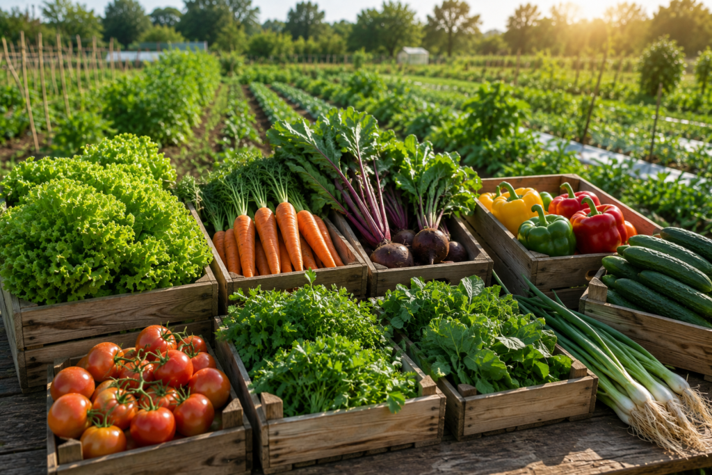 Freshly harvested organic vegetables displayed in wooden crates after sustainable farm production