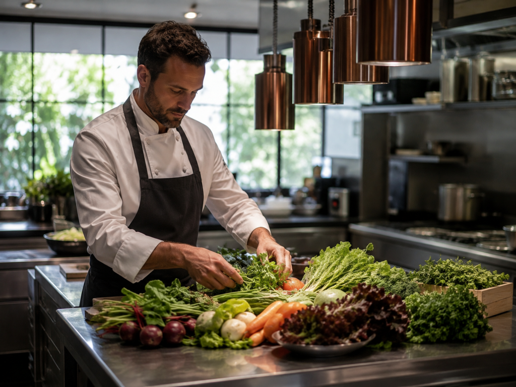 Professional chef selecting fresh organic vegetables for healthy and sustainable food preparation