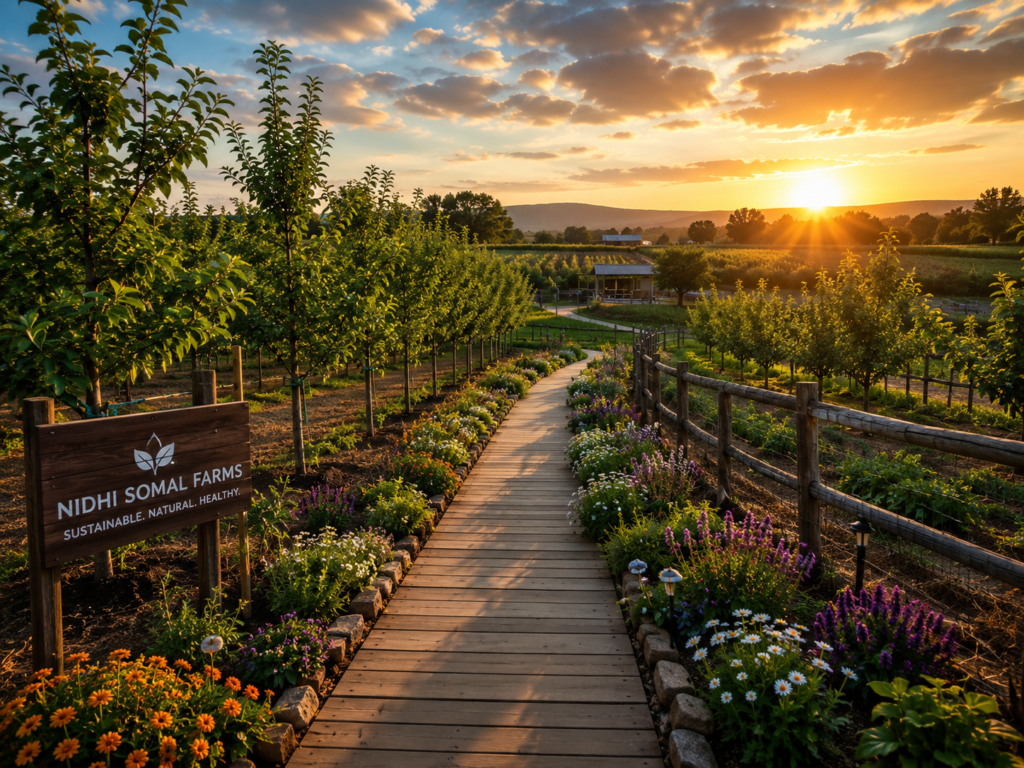 Sustainable organic farm landscape with young fruit trees, wooden pathway, and eco-friendly farming environment