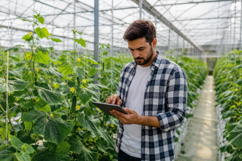 Young organic farmer using a digital tablet to monitor healthy crops inside a modern greenhouse