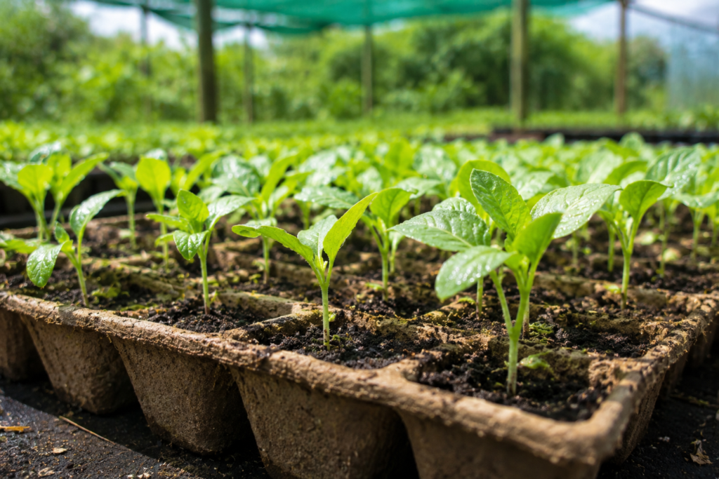 Healthy organic seedlings growing in biodegradable nursery trays under a shade-net nursery