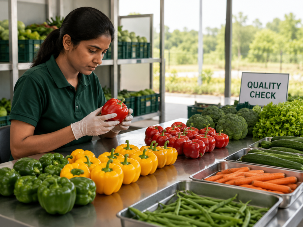 Agricultural quality specialist inspecting fresh vegetables to evaluate crop quality standards in a professional farm quality control station.