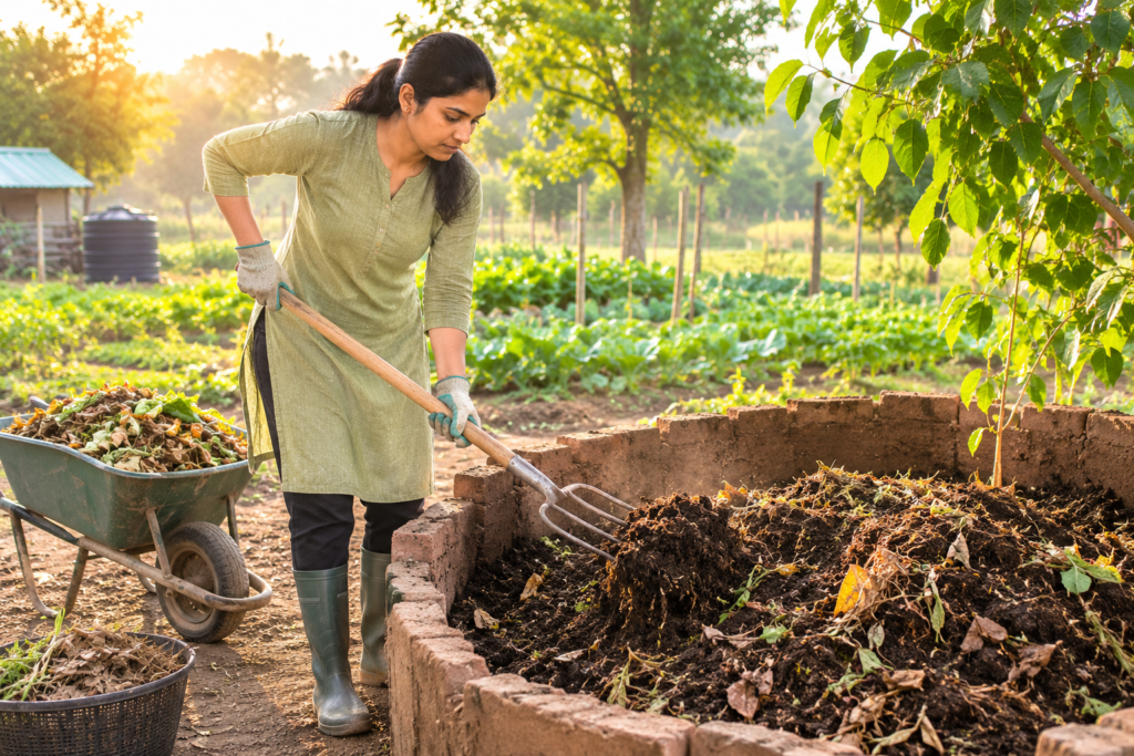 Farmer preparing nutrient-rich organic compost in a compost pit to naturally improve soil health before planting crops.