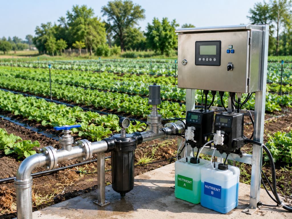 Modern precision irrigation and nutrient management system delivering balanced water and nutrients to healthy vegetable crops in an open farm.