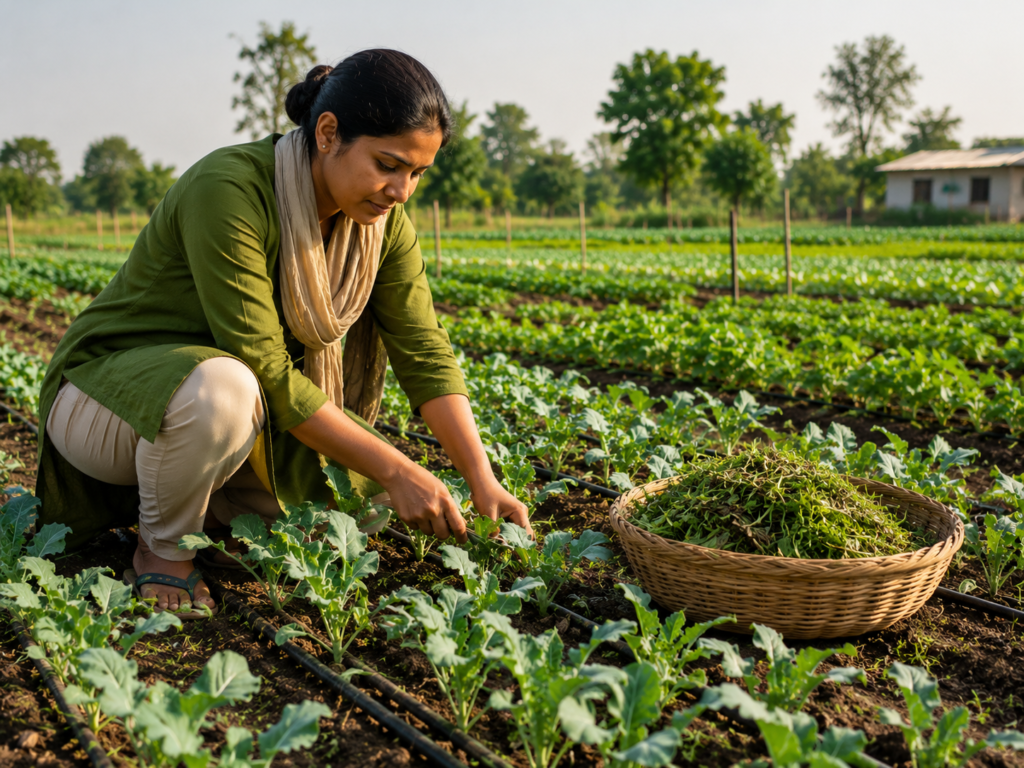 Farmer naturally protecting healthy vegetable crops through manual crop monitoring and eco-friendly pest management practices in an organic farm.
