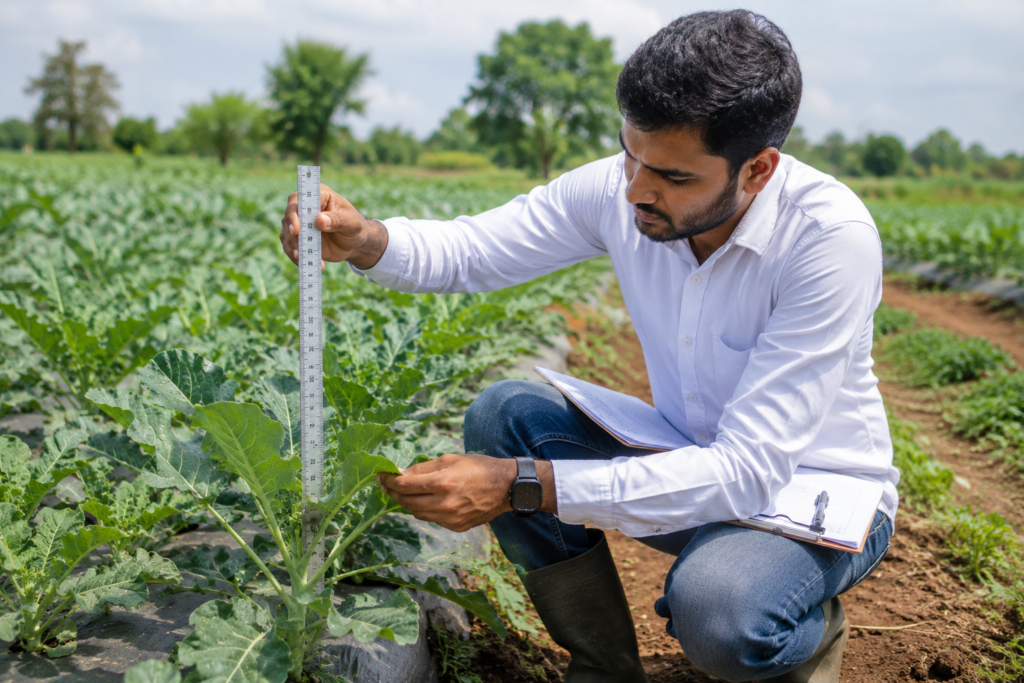 Agronomist measuring vegetable crop growth in an open farm using a ruler while recording plant development during regular field monitoring.