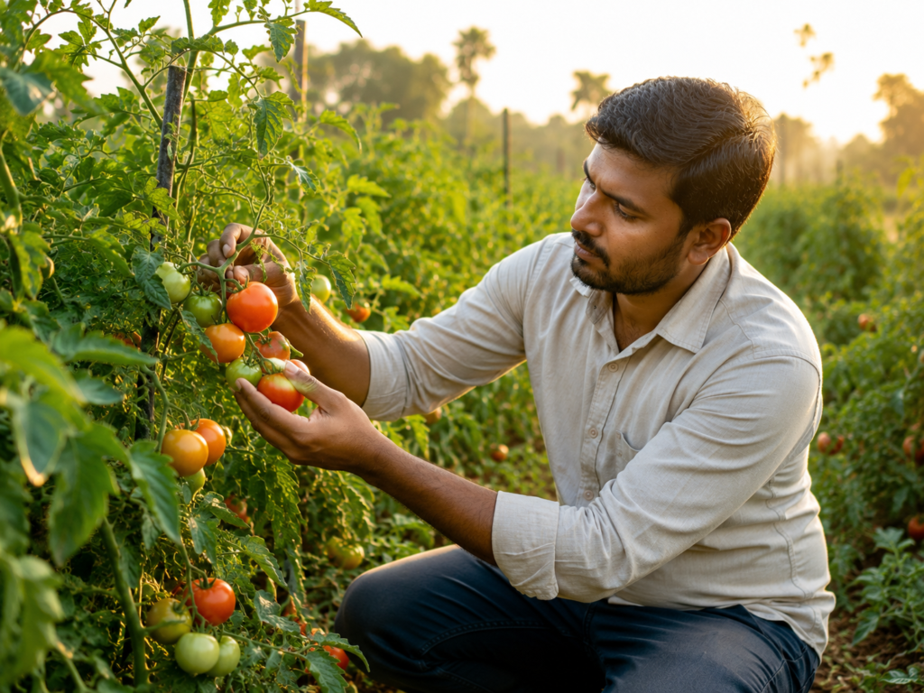 Farmer inspecting ripe tomatoes on healthy plants to identify the ideal harvesting stage in an organic vegetable farm.