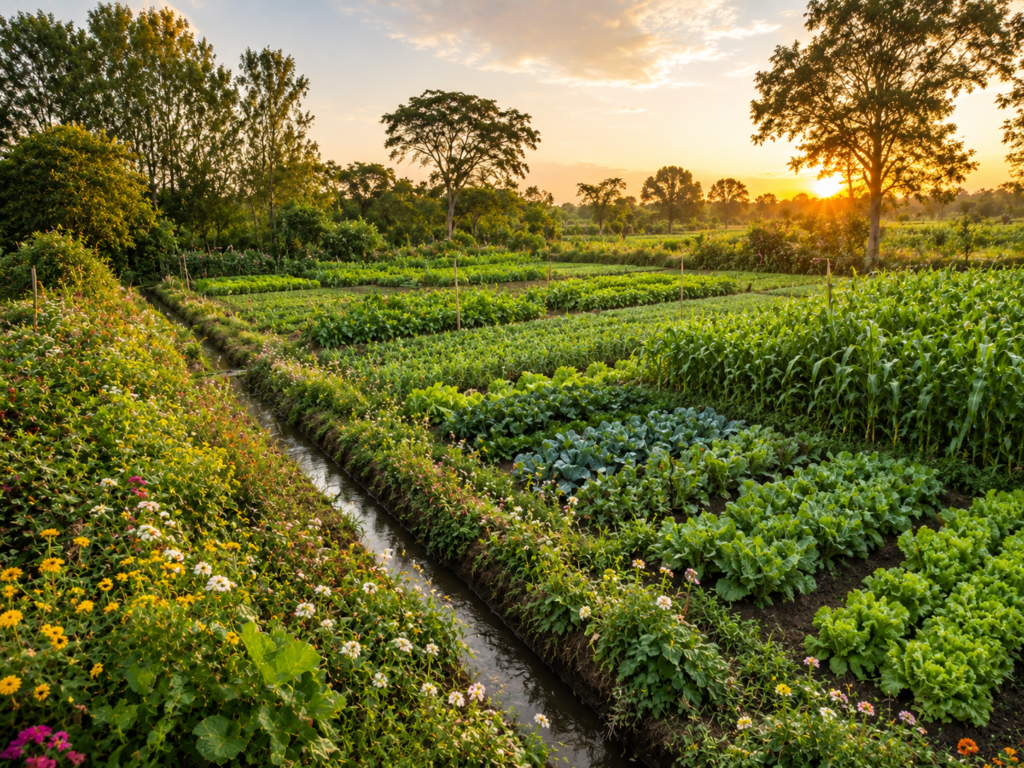 Healthy organic vegetable farm with diverse crops, flowering hedgerows, native trees, and natural irrigation channels under warm evening sunlight.