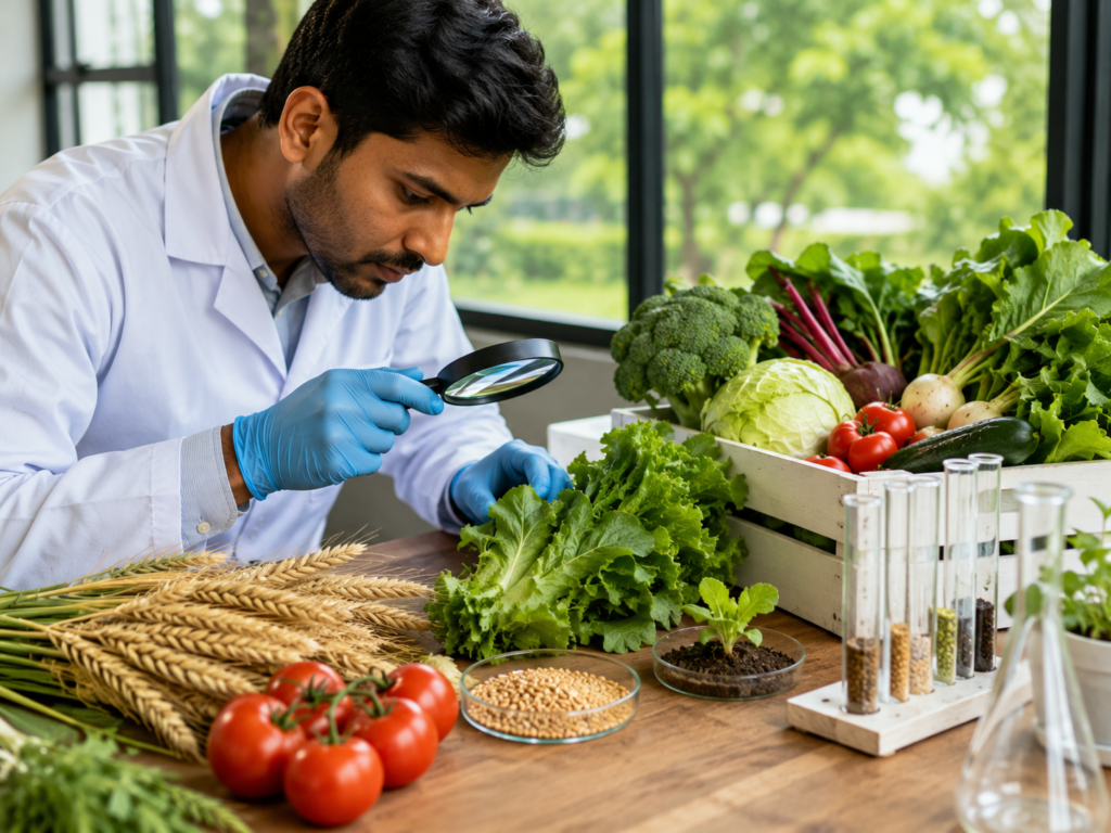 Agricultural scientist inspecting fresh vegetables and grain samples to evaluate natural crop quality in a modern farm laboratory.