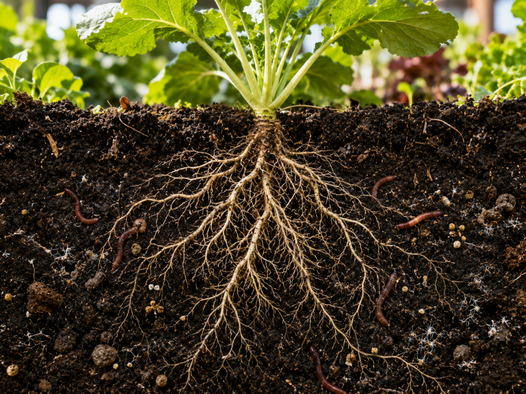 Healthy vegetable plant with a strong root system growing in fertile organic soil enriched with earthworms and natural microorganisms.