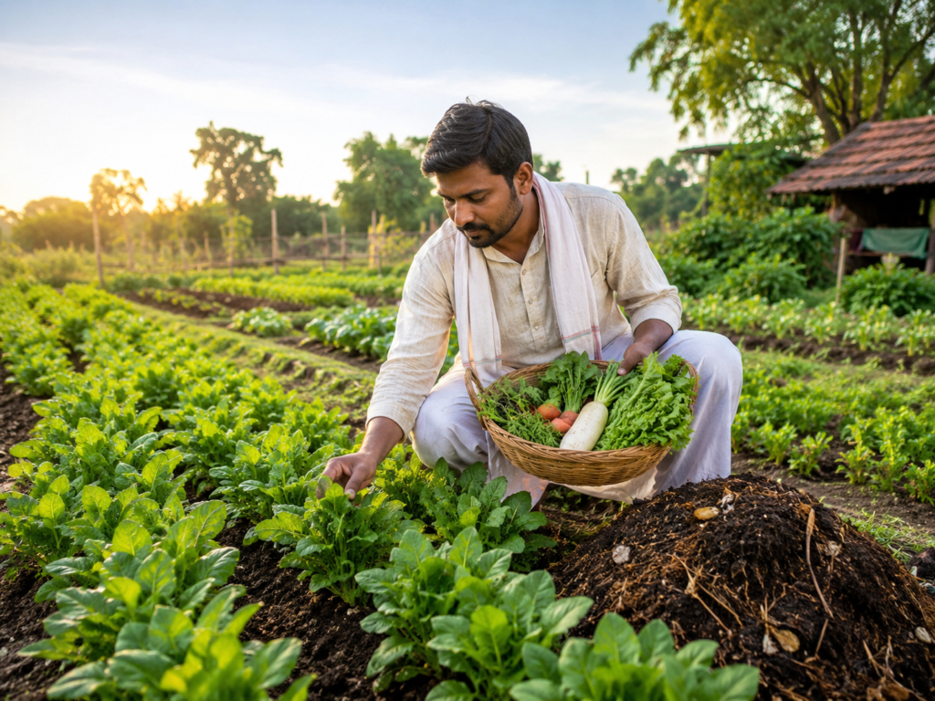Indian farmer practicing organic farming for beginners in India with healthy vegetable crops