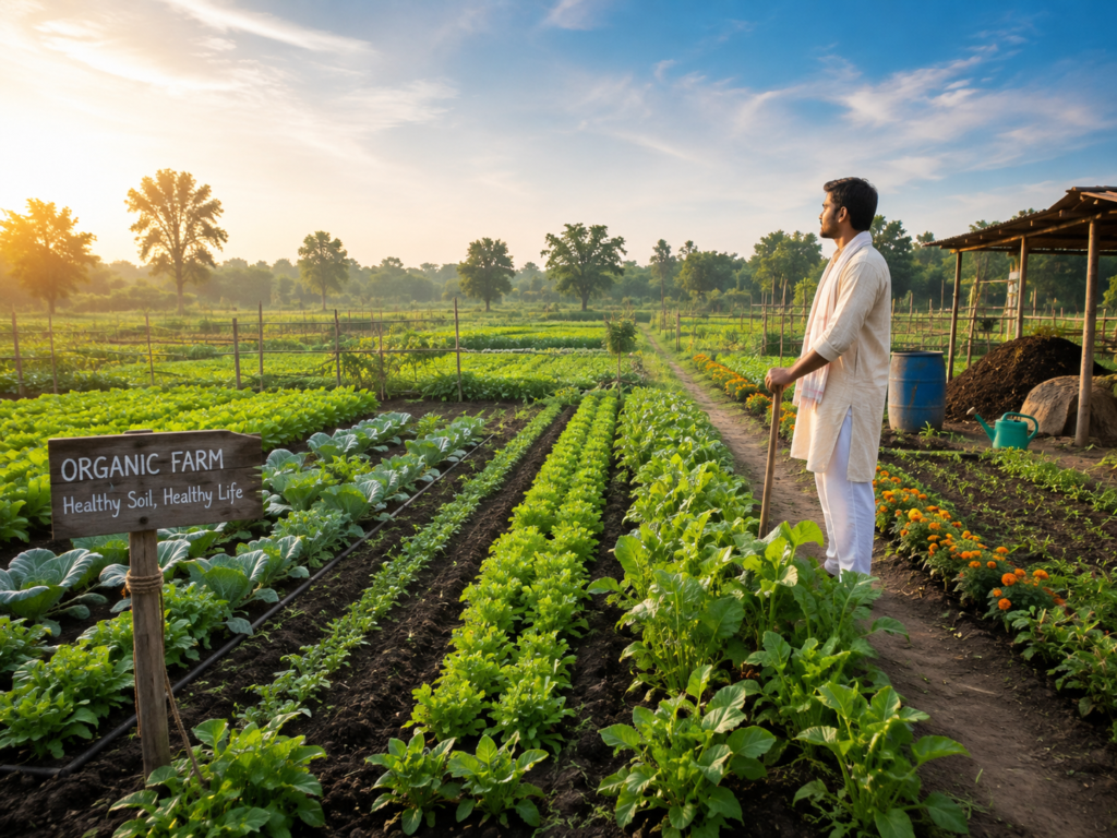 Organic farming for beginners in India with an Indian farmer growing healthy organic vegetable crops