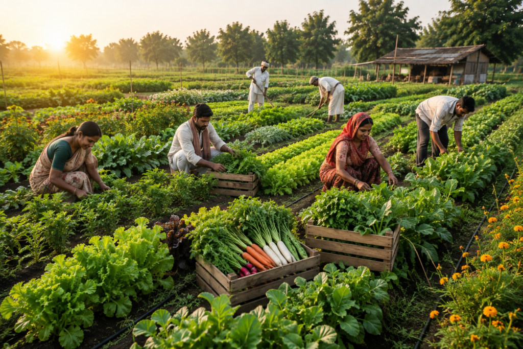 Organic farming for beginners in India with farmers harvesting healthy organic vegetable crops