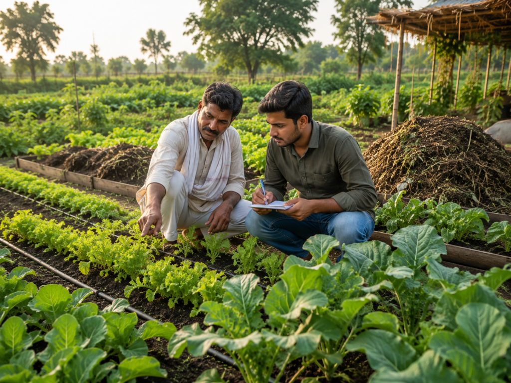Experienced Indian farmer explaining organic farming for beginners in India in a healthy vegetable field