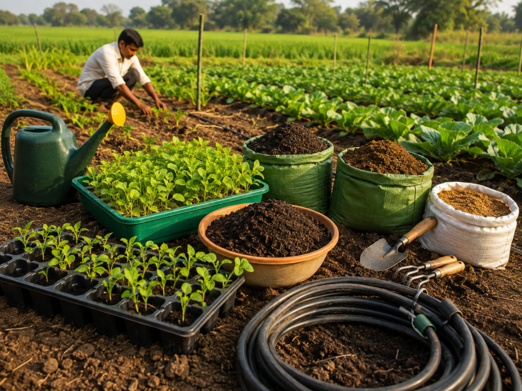 Organic farming essentials including compost, seed trays, gardening tools, and healthy seedlings beside a vegetable field