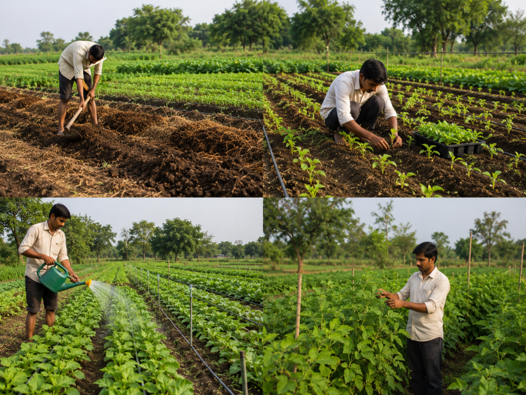 Indian farmer performing different stages of organic farming in a vegetable field