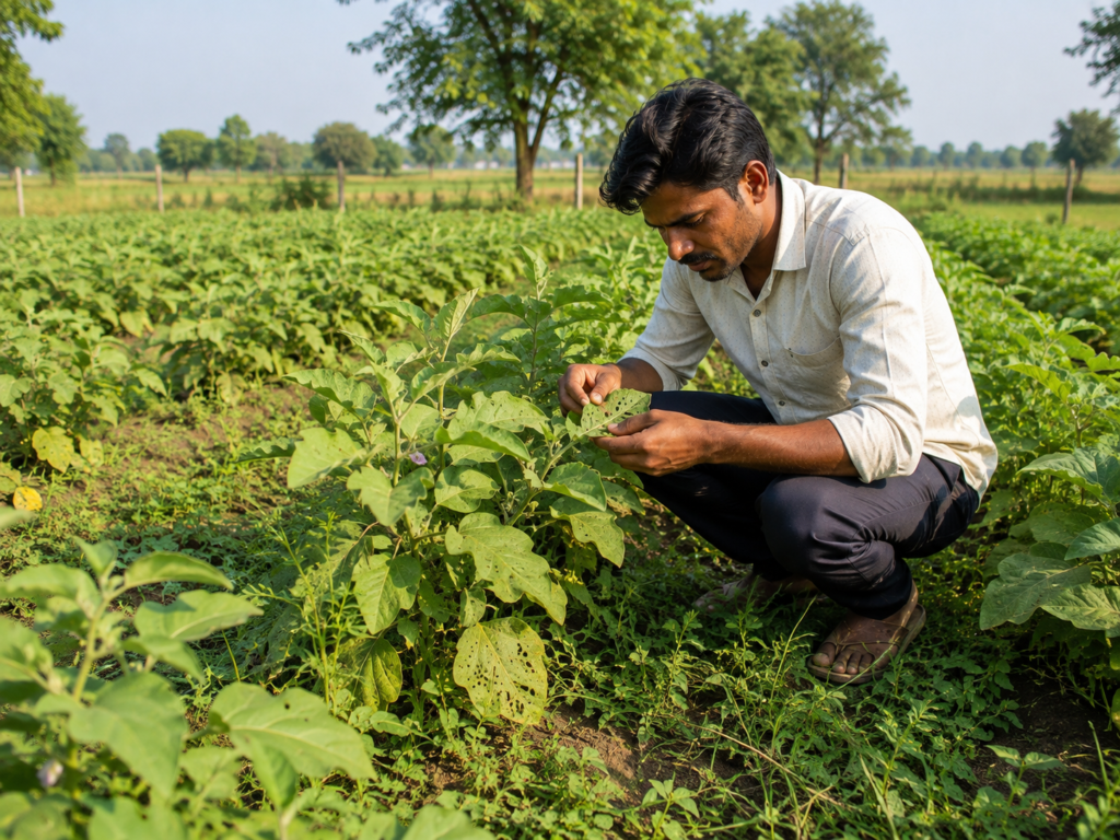 Indian farmer inspecting vegetable plants with weeds and minor insect damage