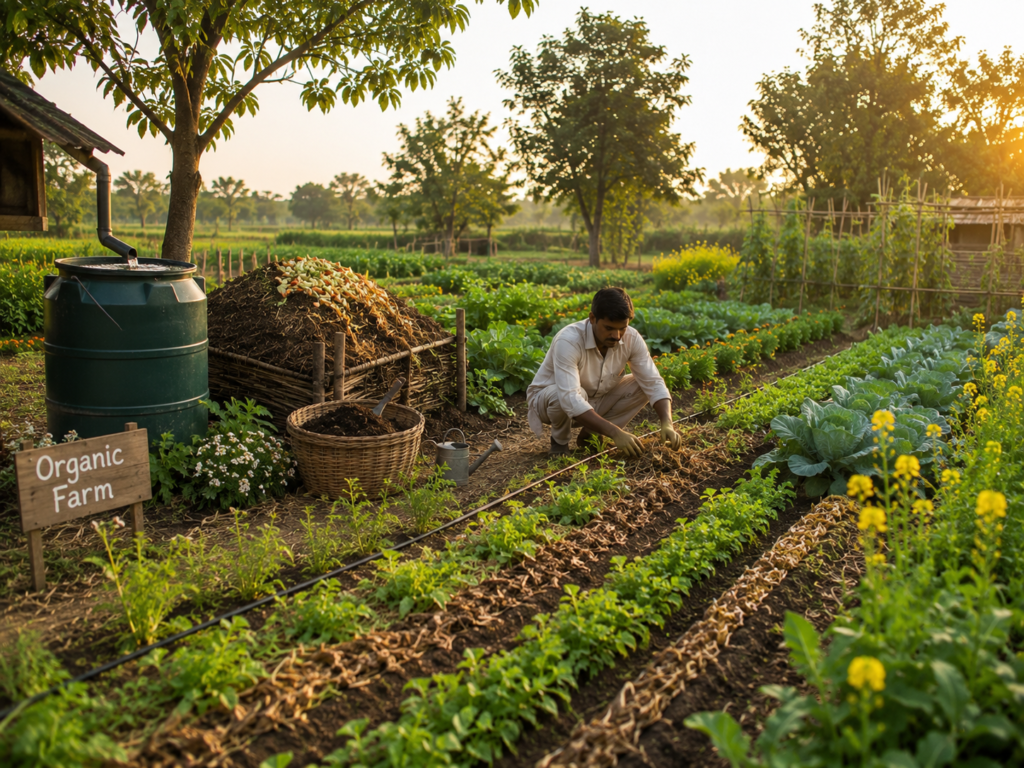 Indian farmer using sustainable organic farming practices in a healthy vegetable field