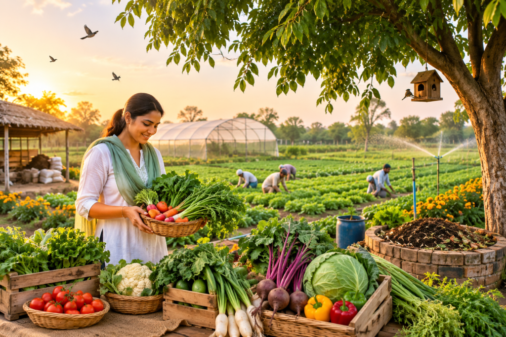 Indian farmer observing a healthy organic vegetable farm with sustainable farming practices