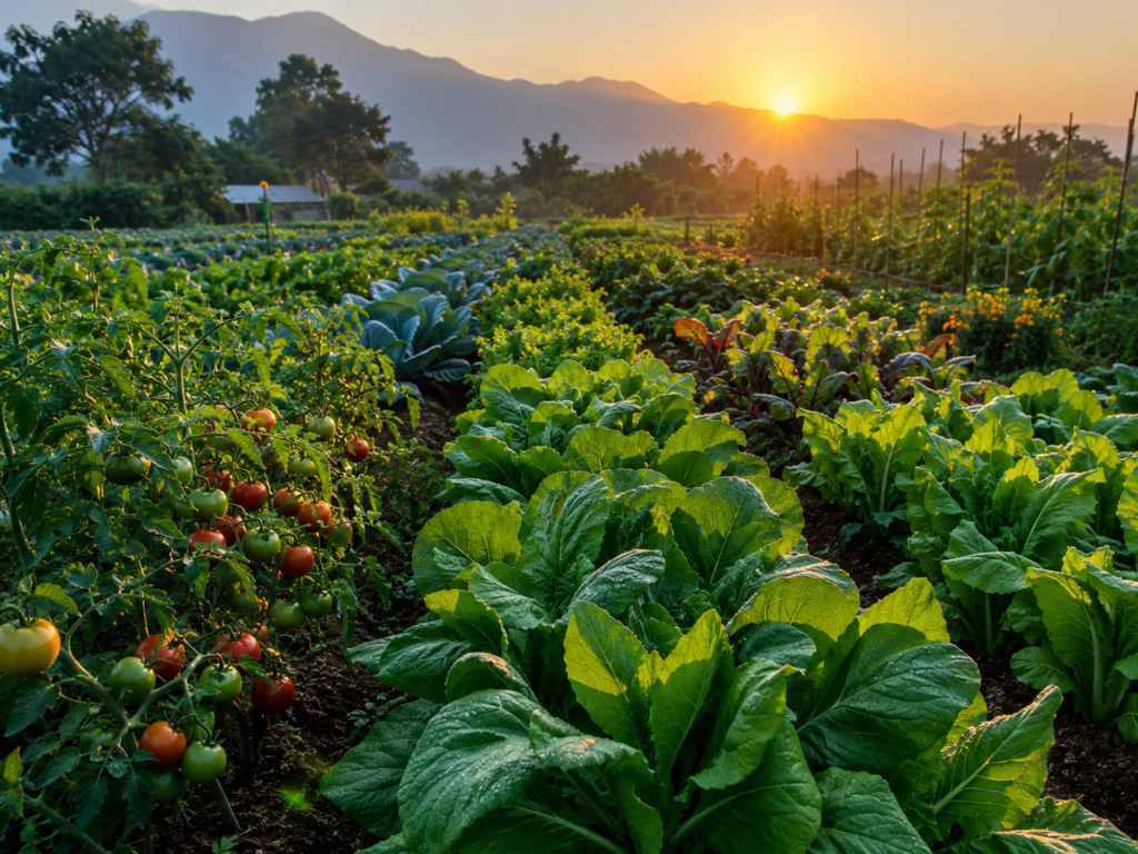 Natural pest control methods in a healthy organic vegetable garden with fresh tomatoes, cabbage, spinach, and peppers