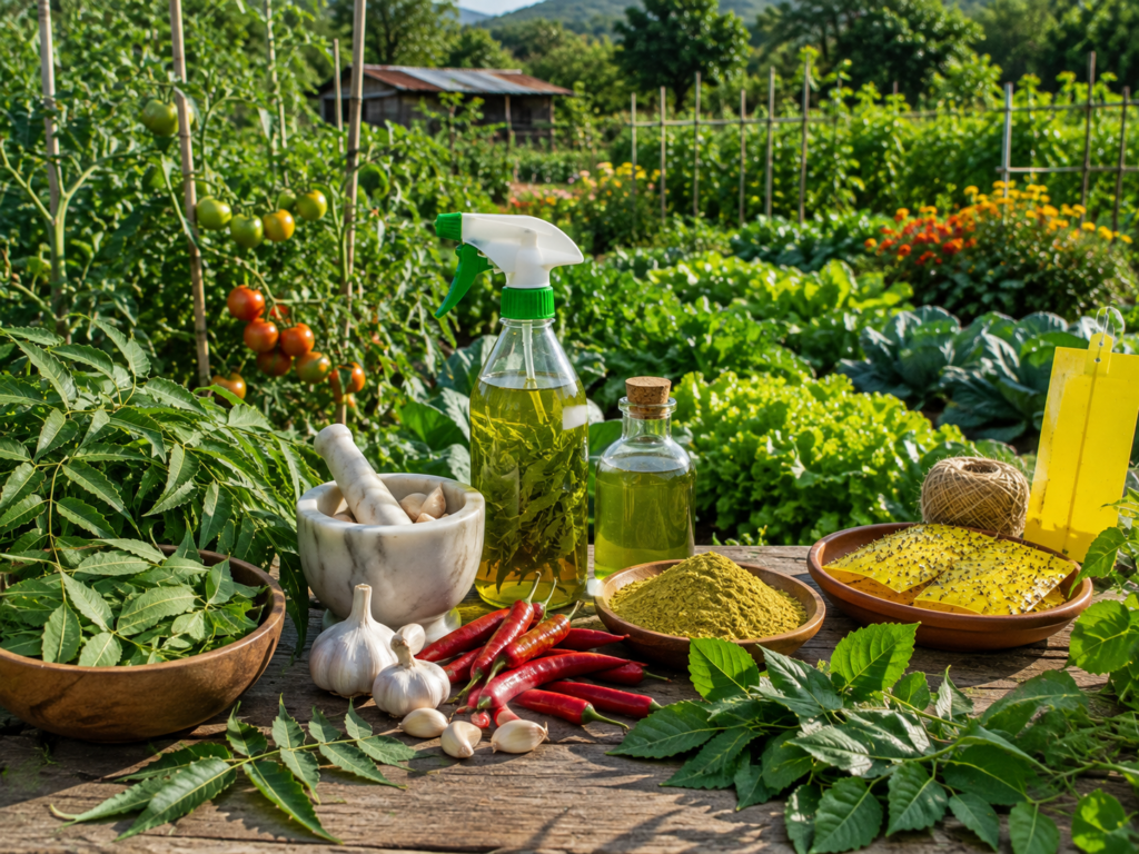 Natural pest control methods using neem, garlic, chili, and organic pest control solutions
