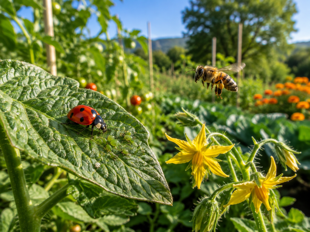 Ladybugs controlling aphids on vegetable leaves