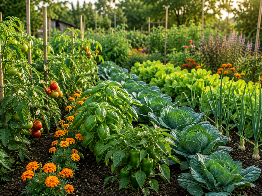Marigolds, basil, and tomatoes growing together
