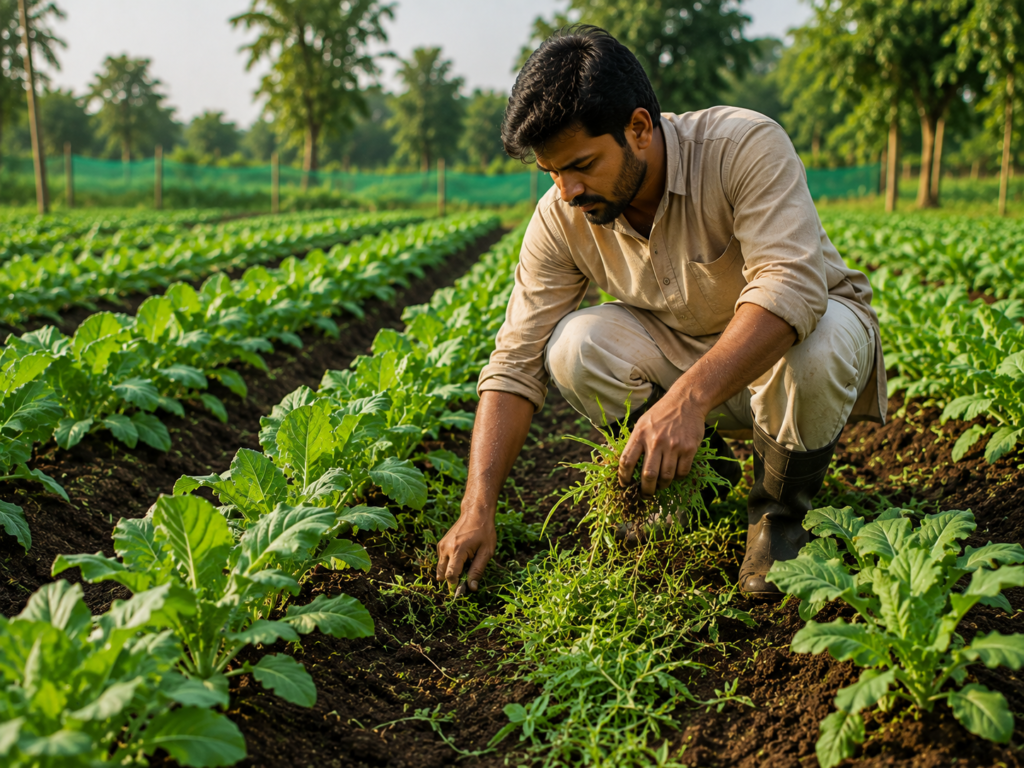 Farmer removing weeds from healthy vegetable crops using natural farming practices