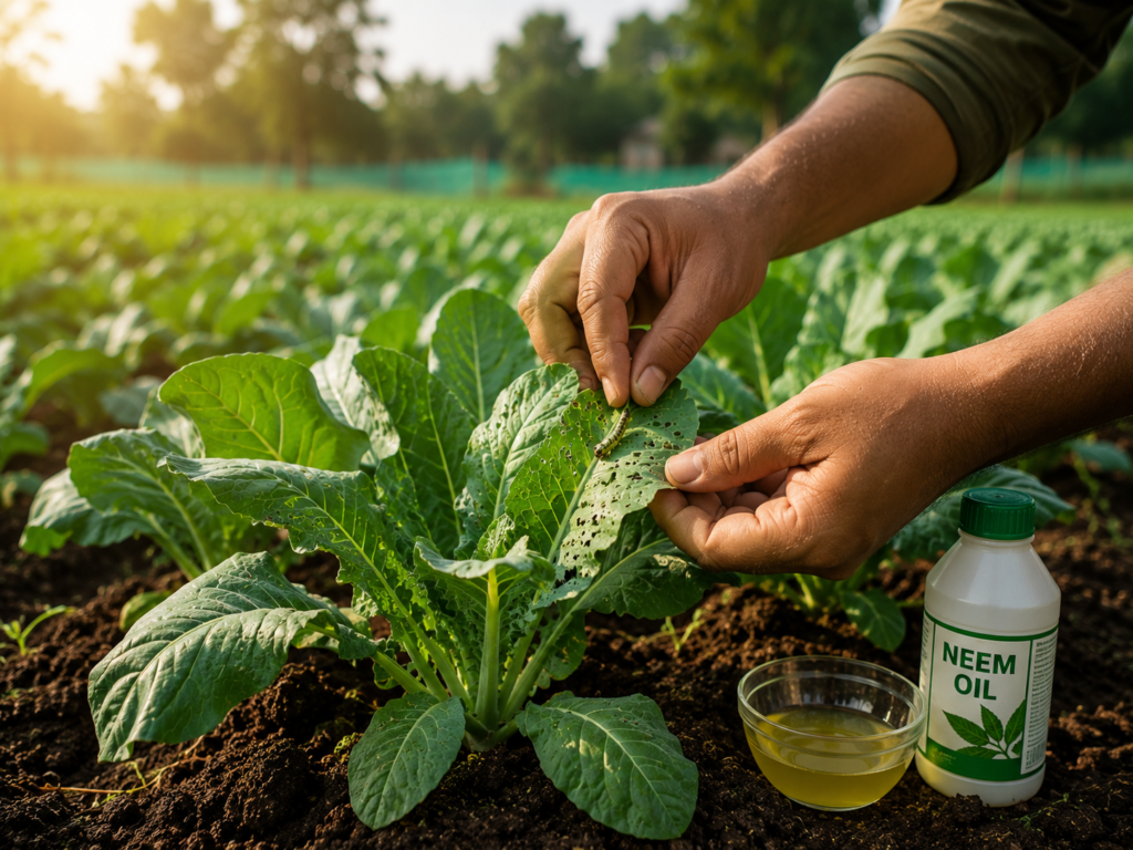 Farmer checking vegetable plants to protect crops from changing weather conditions