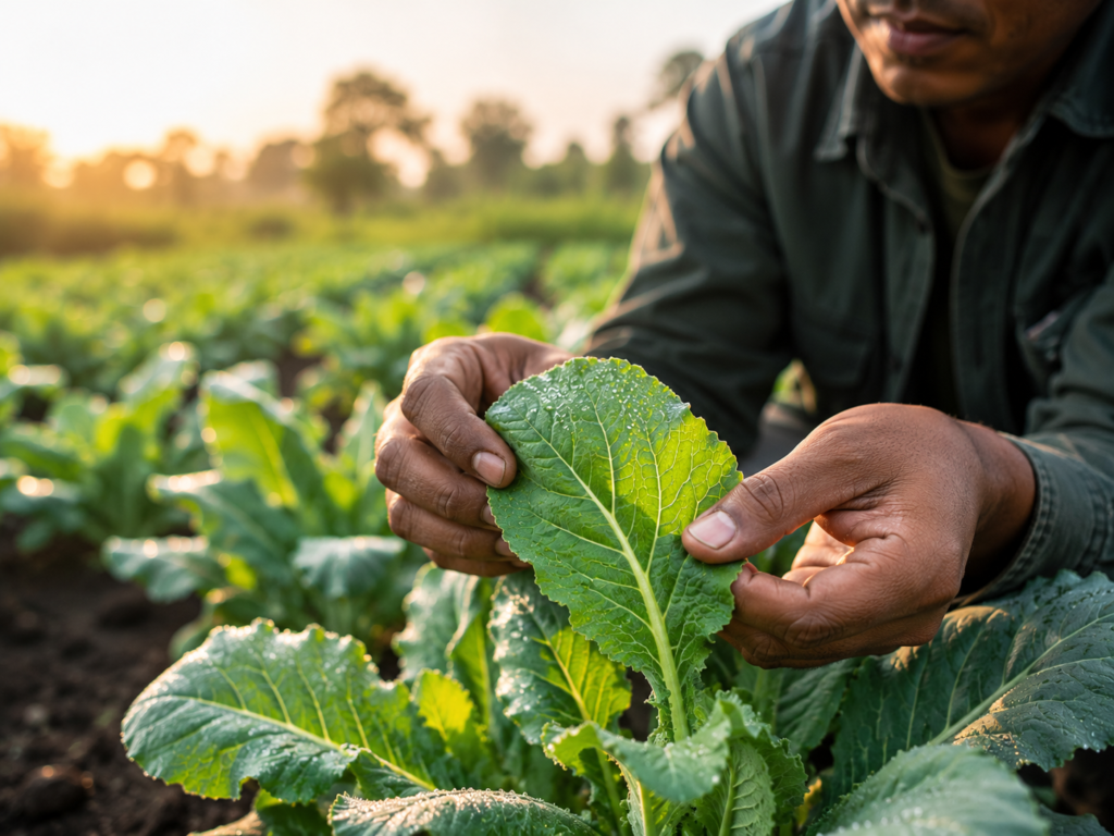 Crop care tips for beginners with a farmer inspecting healthy vegetable plants