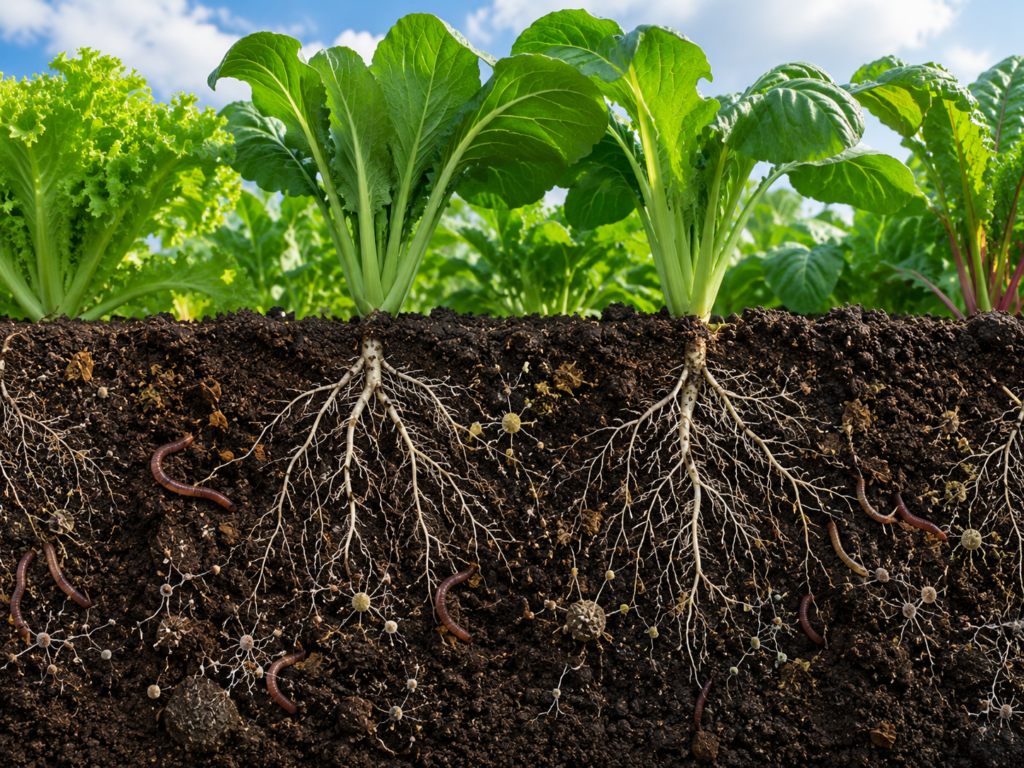 Healthy vegetable plants with strong roots growing in fertile living soil