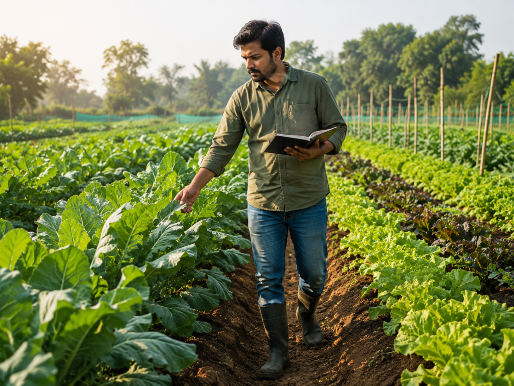 Farmer inspecting healthy vegetable crops during routine field monitoring