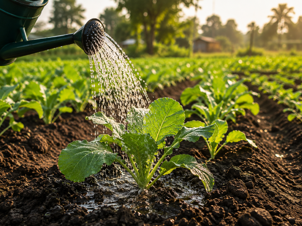 Healthy vegetable plants being watered with proper irrigation in fertile soil