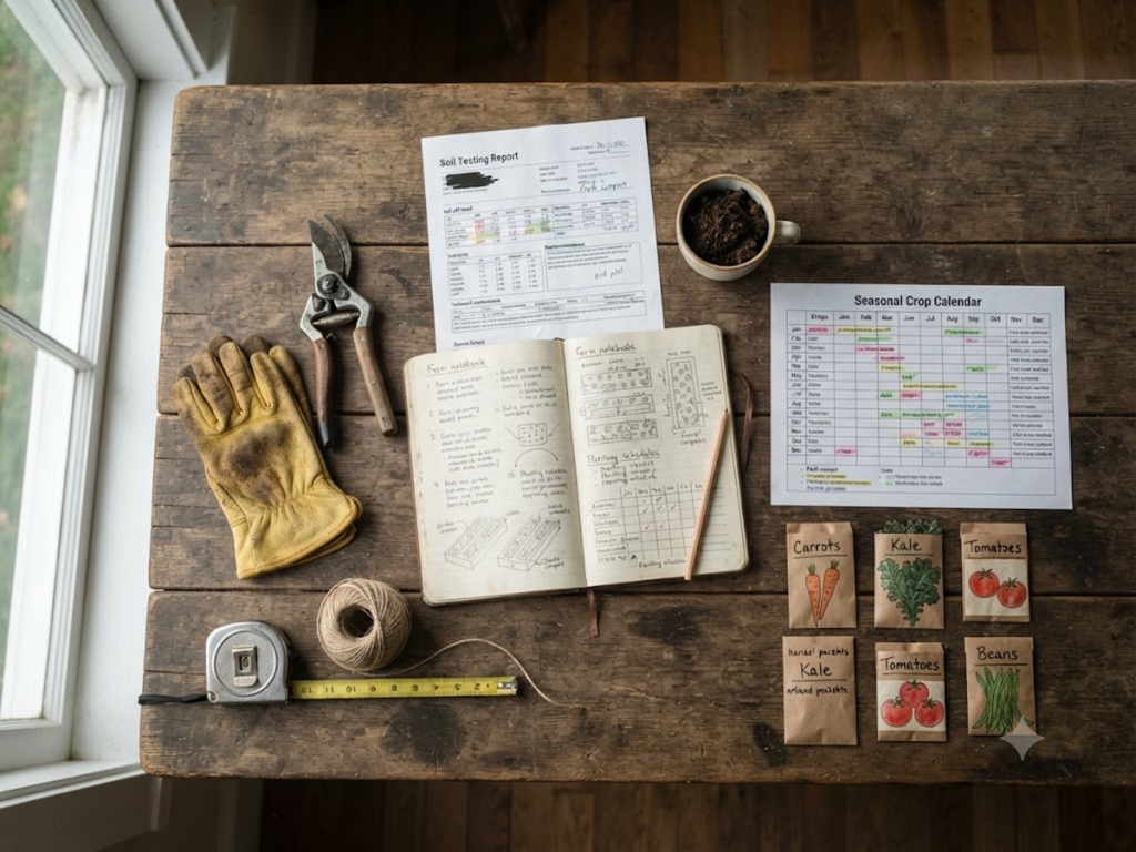 Farm notebook with seasonal crop planning tools and gardening supplies