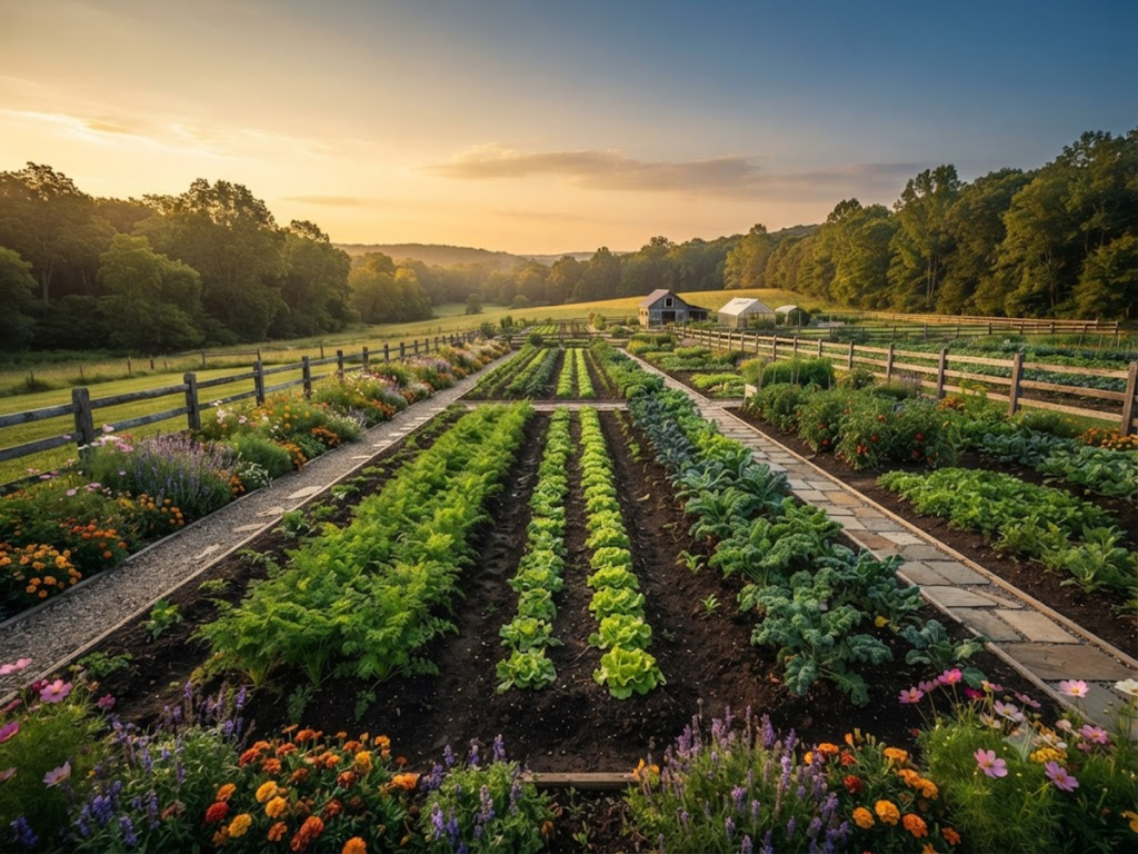 Healthy organic vegetable farm with clean crop rows and sustainable farming practices