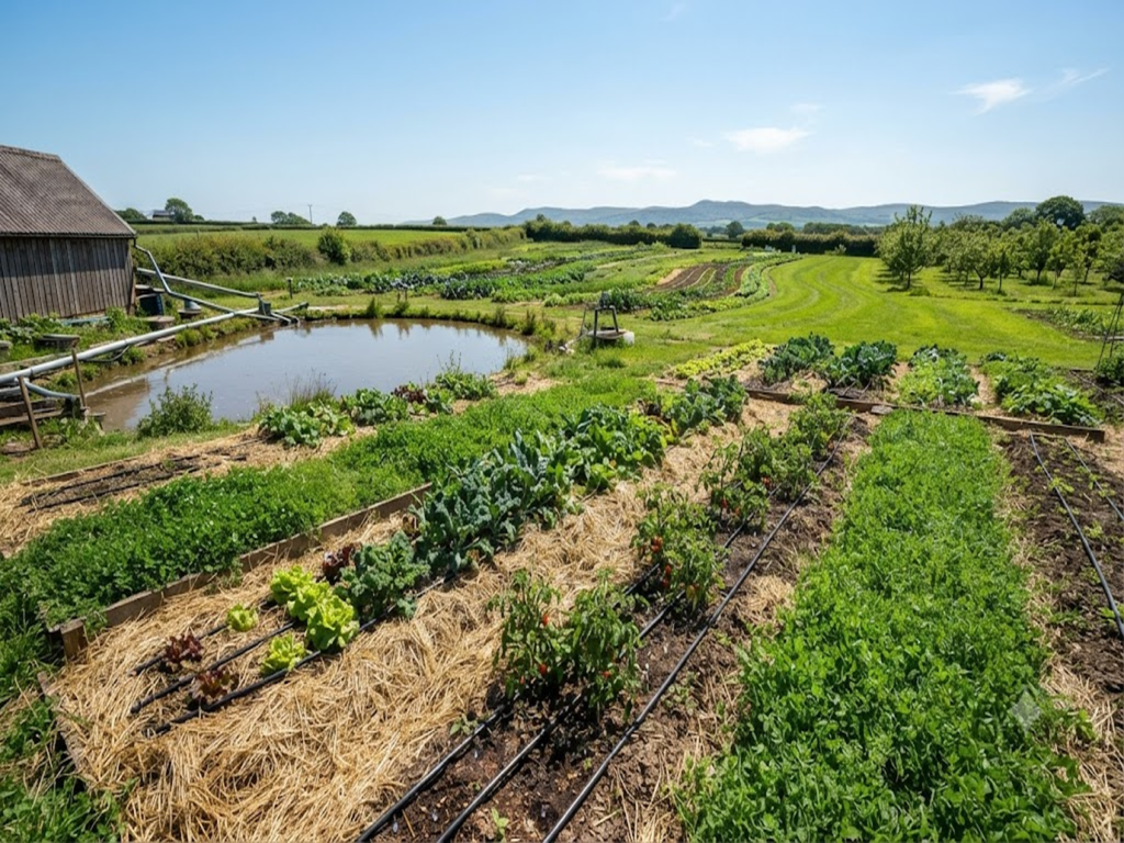 Sustainable organic farm with healthy crops, mulch, drip irrigation, and natural farming practices.