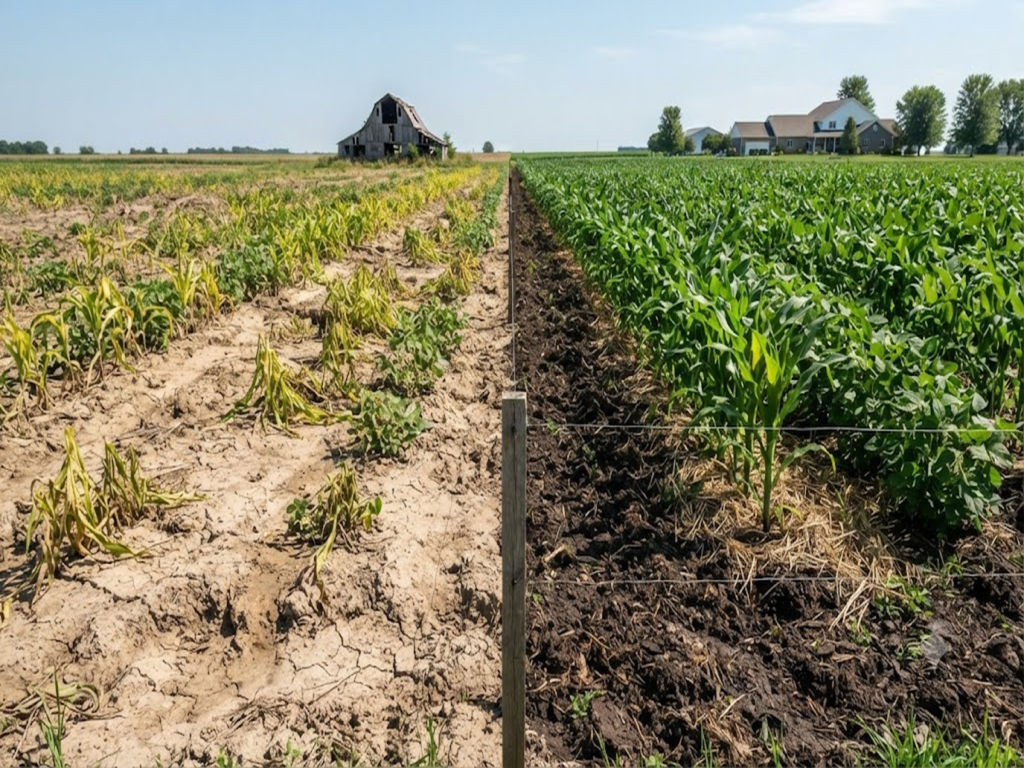 Comparison of healthy fertile soil and dry degraded farmland affected by poor farming practices.